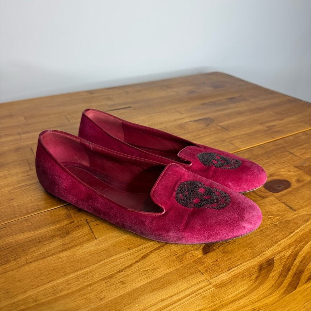Alexander McQueen Sequin Skull Red Suede Leather Loafers Slip On Flats 38